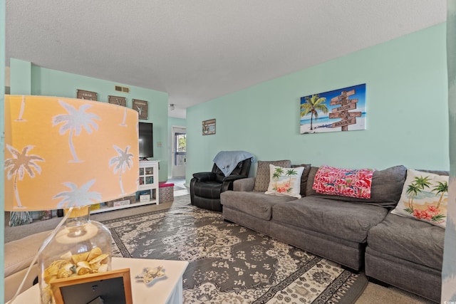 living room with carpet flooring and a textured ceiling