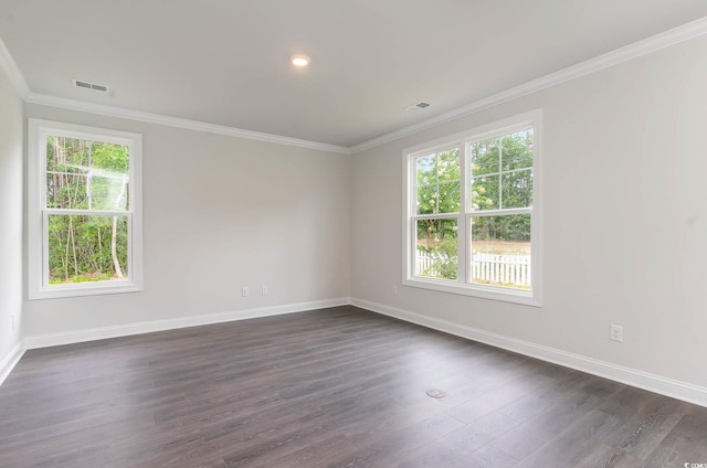 empty room featuring dark wood-type flooring and ornamental molding