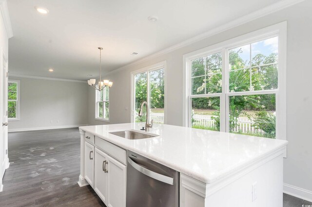 kitchen featuring stainless steel dishwasher, a kitchen island with sink, dark wood-type flooring, sink, and white cabinetry