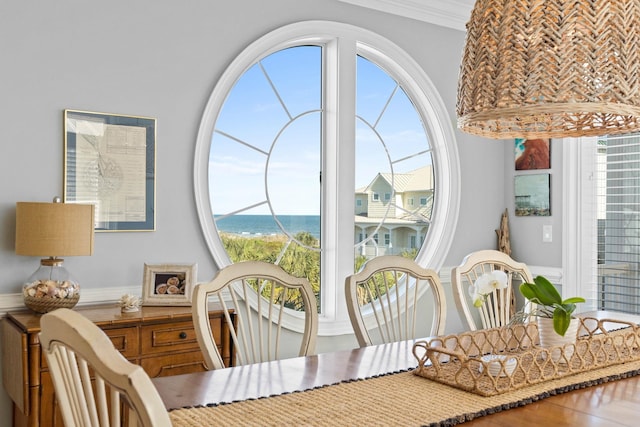 dining room with hardwood / wood-style floors, a water view, ornamental molding, and a wealth of natural light