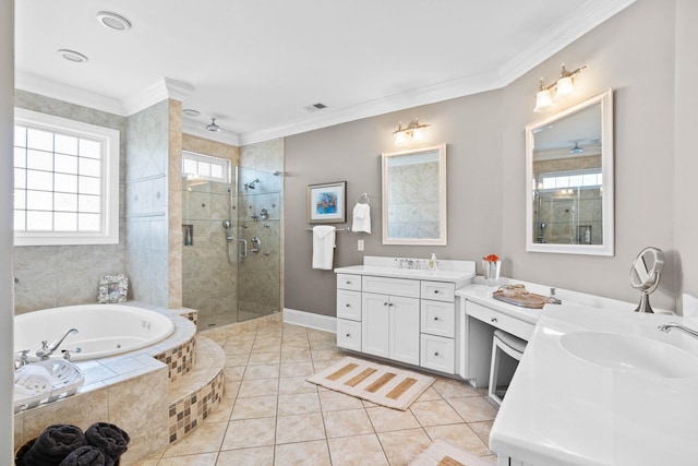 bathroom featuring crown molding, dual vanity, tile patterned flooring, and separate shower and tub