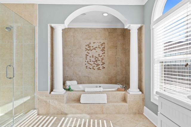 bathroom featuring shower with separate bathtub, decorative columns, tile patterned floors, and crown molding