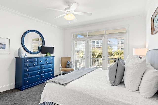 bedroom with access to outside, ornamental molding, dark colored carpet, and ceiling fan