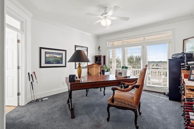 office area with ceiling fan, ornamental molding, and carpet