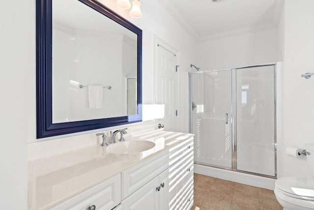 bathroom with toilet, ornamental molding, tile patterned flooring, walk in shower, and vanity