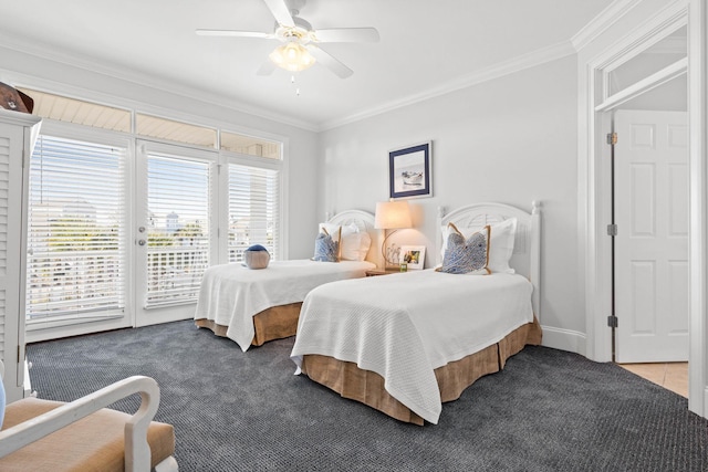 bedroom with ceiling fan, access to outside, carpet flooring, and ornamental molding