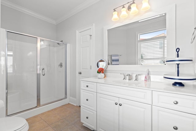 bathroom with a shower with door, toilet, tile patterned floors, vanity, and ornamental molding