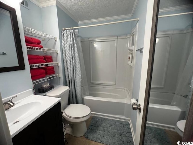 full bathroom with shower / bath combo with shower curtain, vanity, a textured ceiling, ornamental molding, and toilet