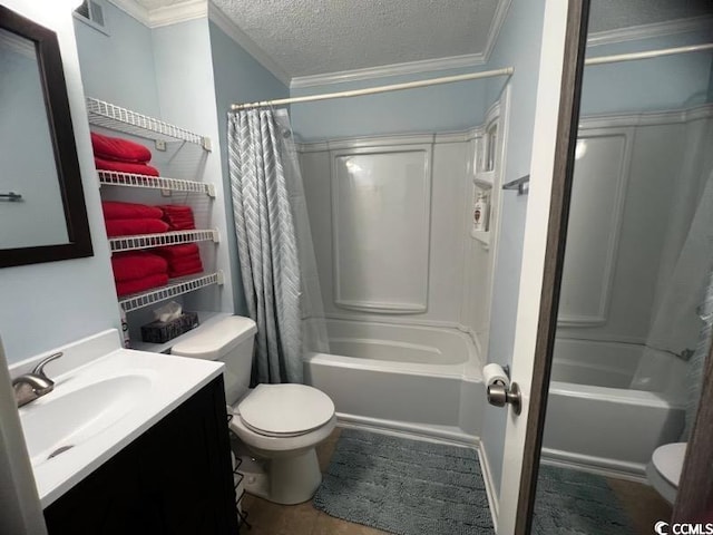 107 Toby Ct Unit 103-A, North Myrtle Beach, SC 29582 - full bath featuring crown molding, toilet, vanity, shower / bath combination with curtain, and a textured ceiling