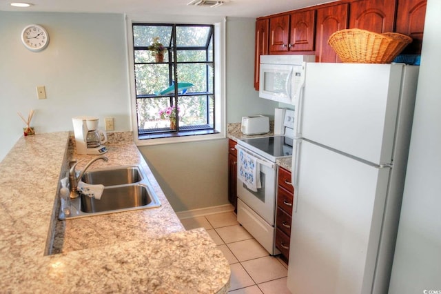 kitchen featuring light tile patterned floors, plenty of natural light, sink, and white appliances