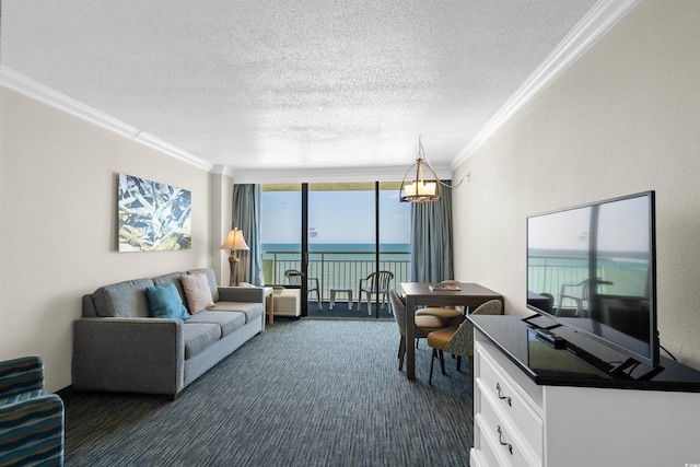 living area featuring floor to ceiling windows, crown molding, dark carpet, a textured ceiling, and a chandelier