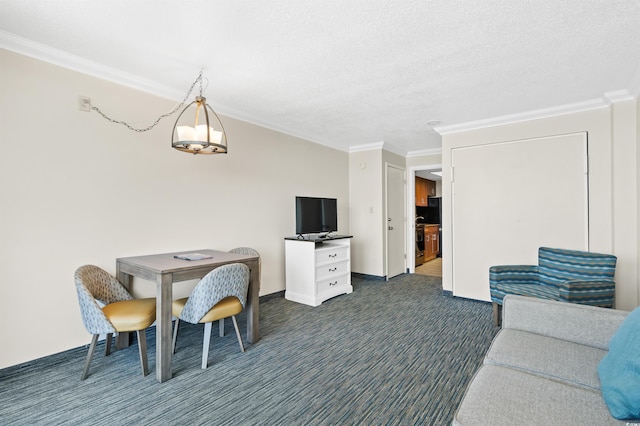 dining area featuring baseboards, a textured ceiling, dark carpet, and crown molding