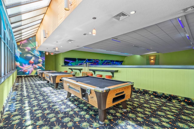 recreation room with beam ceiling, billiards, and carpet floors