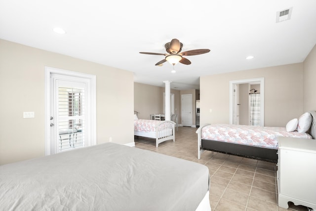 bedroom featuring ceiling fan, light tile patterned floors, access to outside, and decorative columns