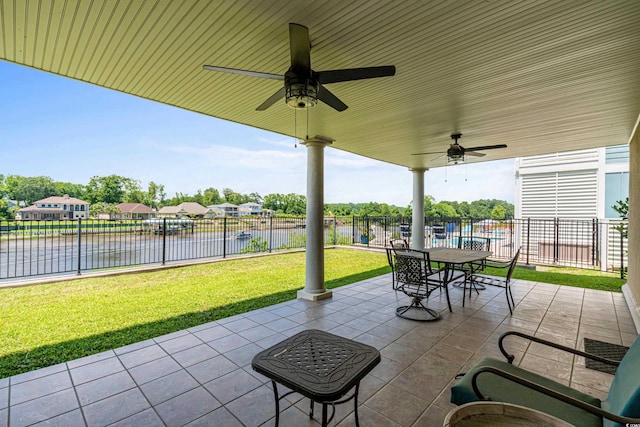 view of patio / terrace featuring ceiling fan and a water view