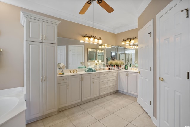 bathroom with ceiling fan with notable chandelier, dual vanity, tile floors, crown molding, and a bath