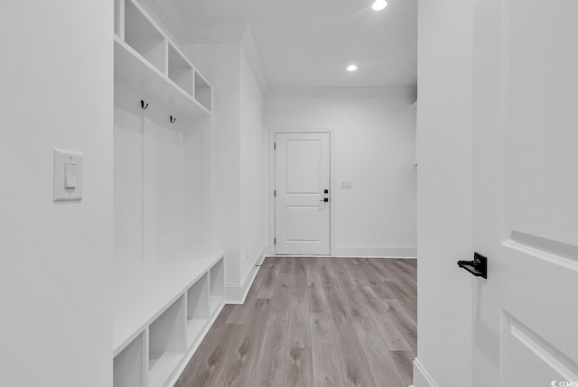 mudroom featuring crown molding and light wood-type flooring