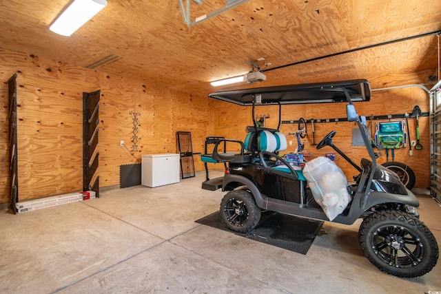 garage featuring wooden ceiling and wood walls