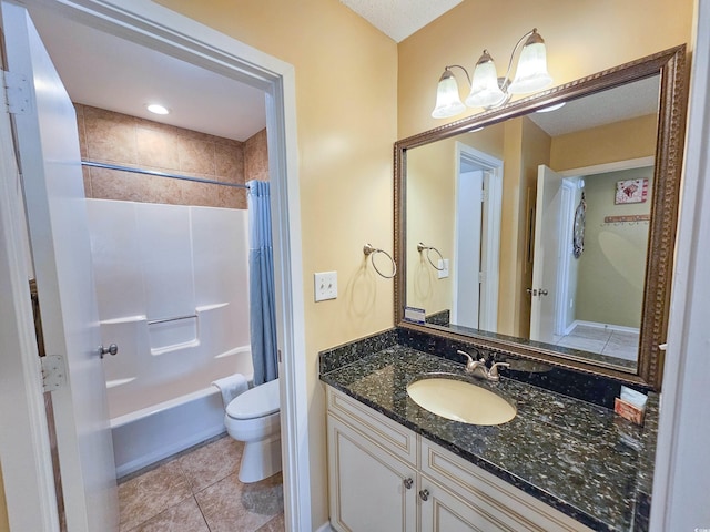 full bathroom featuring vanity, a textured ceiling, tile patterned floors, toilet, and shower / tub combo with curtain