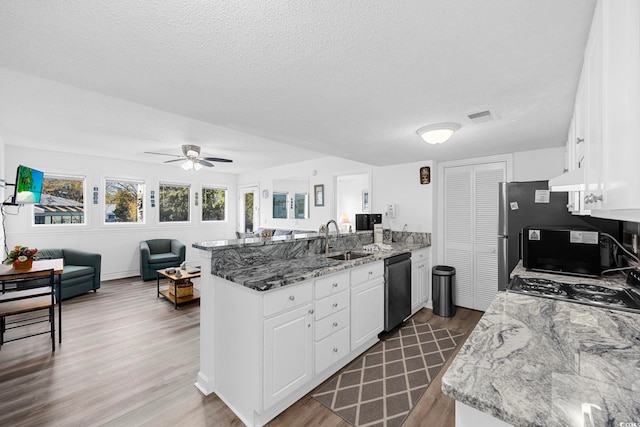 kitchen with open floor plan, white cabinetry, a sink, a peninsula, and dishwashing machine