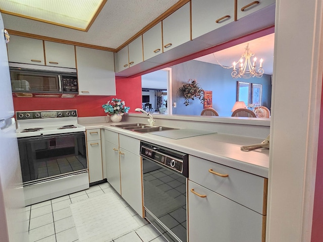 kitchen featuring hanging light fixtures, black appliances, a notable chandelier, sink, and light tile floors