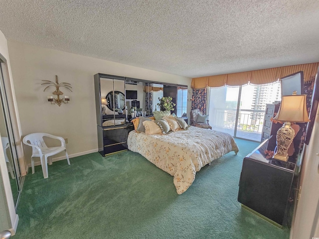 bedroom with carpet, a textured ceiling, and access to exterior