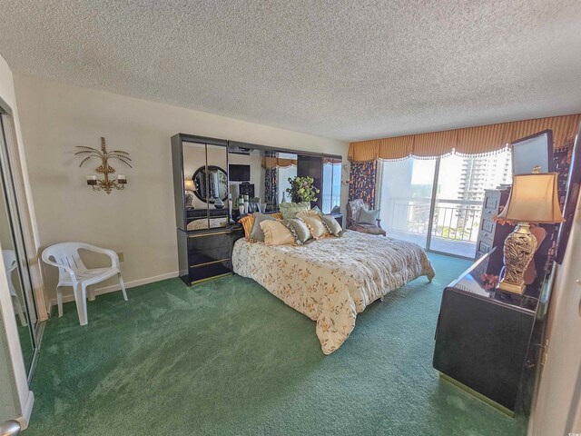 carpeted bedroom featuring baseboards, a textured ceiling, and access to outside