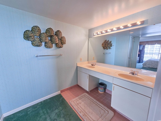 bathroom with tile flooring and dual bowl vanity