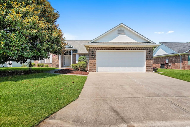 ranch-style home with a garage and a front yard