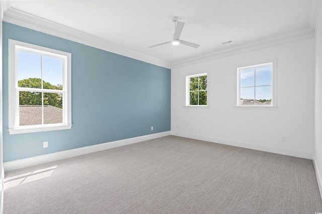 carpeted empty room featuring ceiling fan and crown molding