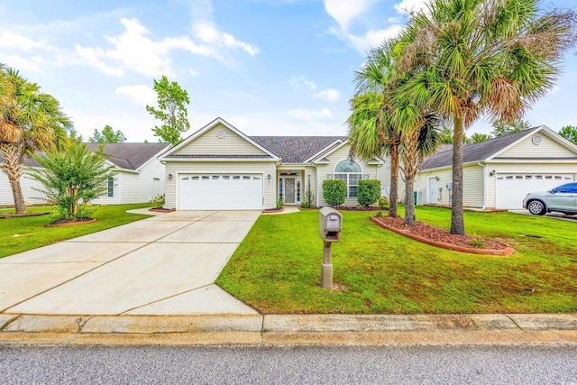 single story home featuring a garage and a front yard