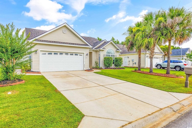 ranch-style house with a garage and a front lawn