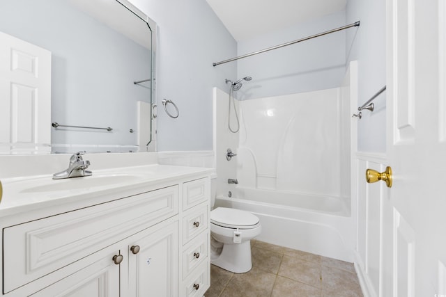 full bathroom with tile patterned flooring, vanity,  shower combination, and toilet