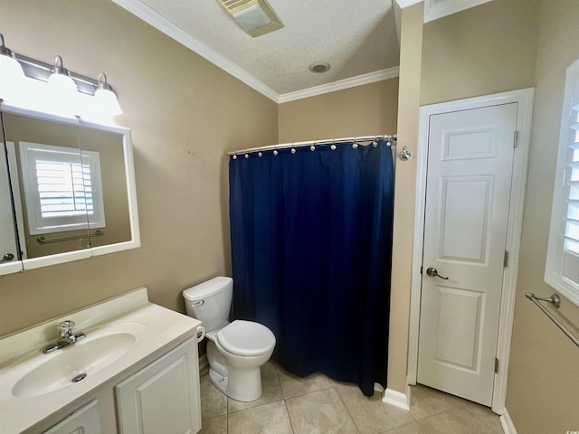 bathroom featuring toilet, crown molding, a textured ceiling, vanity, and tile patterned flooring