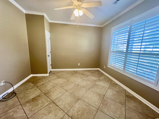 unfurnished room featuring crown molding and ceiling fan