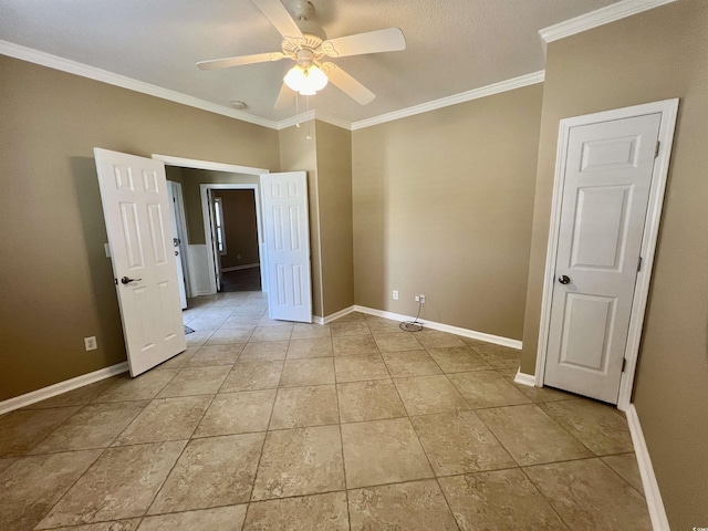 unfurnished bedroom featuring light tile patterned floors, ornamental molding, and ceiling fan