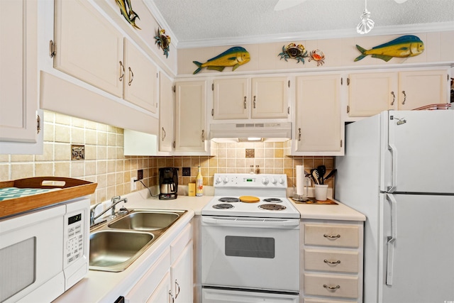 kitchen featuring crown molding, sink, white cabinets, and white appliances