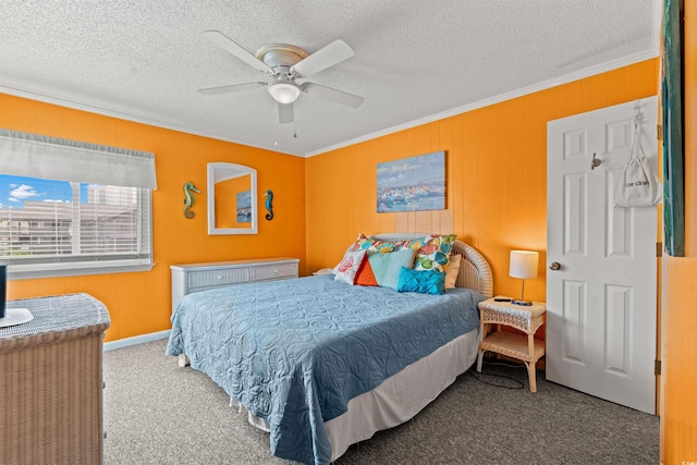 bedroom with carpet, a textured ceiling, ceiling fan, and ornamental molding