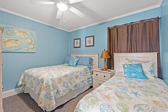 carpeted bedroom with a textured ceiling, ceiling fan, and crown molding