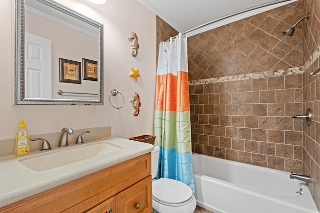 full bathroom featuring a textured ceiling, toilet, vanity, shower / tub combo, and ornamental molding