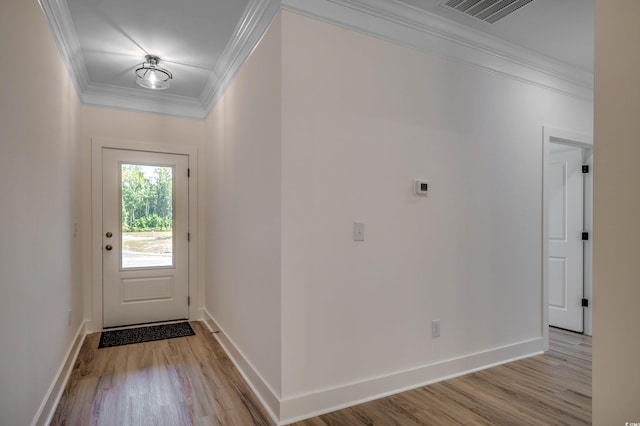 205 Brush Ct, Little River, SC 29566 - doorway to outside featuring ornamental molding, light wood-style flooring, and baseboards