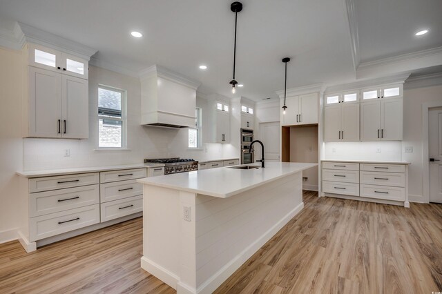 205 Brush Ct, Little River, SC 29566 - kitchen with range, a sink, crown molding, custom range hood, and light wood-type flooring
