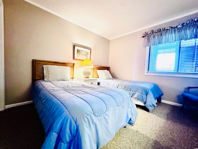 carpeted bedroom featuring ornamental molding