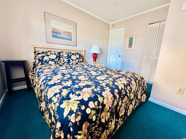 bedroom with dark carpet, a closet, and crown molding