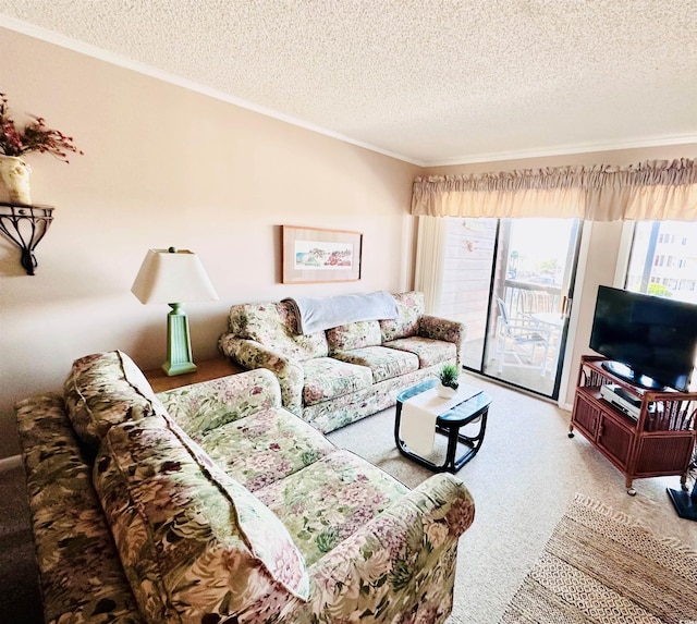 living room with carpet, a textured ceiling, and crown molding