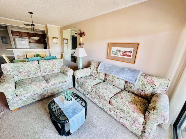 carpeted living room with a textured ceiling and crown molding