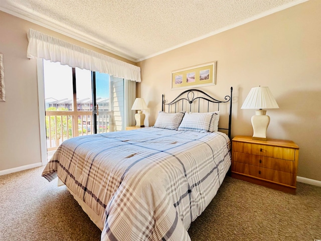 bedroom featuring carpet flooring, access to exterior, and a textured ceiling