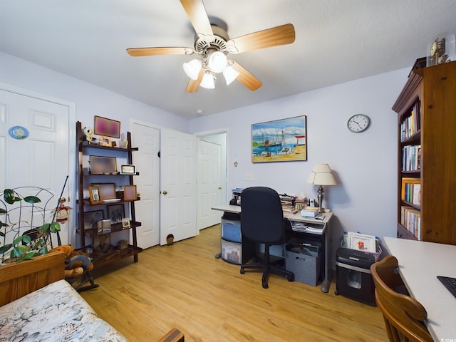 office featuring light hardwood / wood-style flooring and ceiling fan