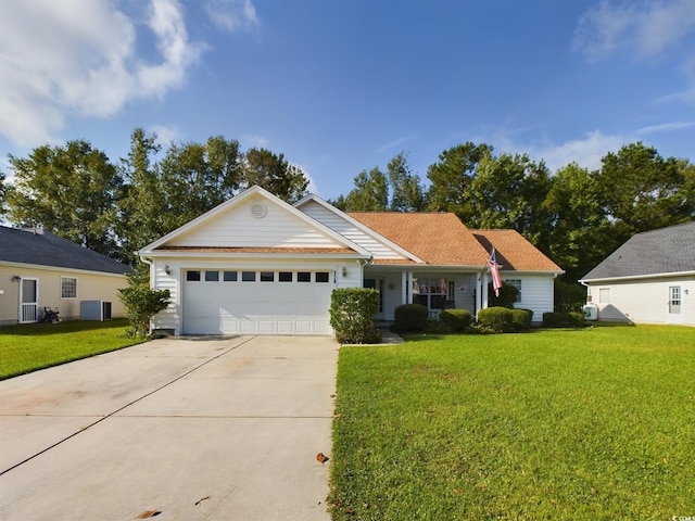 single story home featuring a front lawn, central AC unit, and a garage