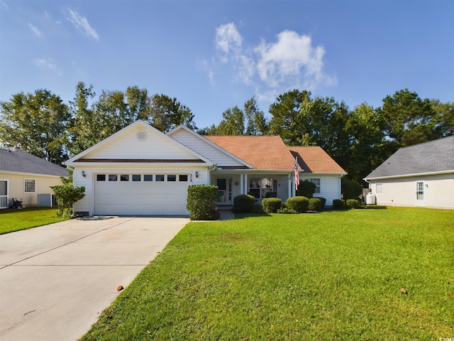 ranch-style house with a front lawn, central AC unit, and a garage